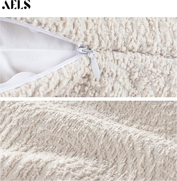AELS Boho Decorative Textured Throw Pillow Covers 18x18, Modern Mid Century Rainbow Tufted Pillow Case, Farmhouse Rustic Geometric Woven Cushion Case for Bed Couch Sofa, Creamy White