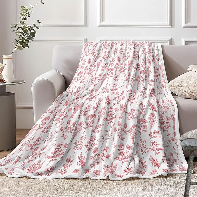 Floral Fuzzy Blanket Red Floral Throw Blanket, Botanical Flowers Blankets, Soft, Flannel, Warm, Boho Flowers Bed Blankets All Season for Couch Bedroom Living Room 60X90 Inch