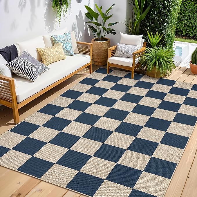 GarveeHome Checkered Easy Jute Area Rug 10x13 Machine Washable Non-Slip Stain Resistant Indoor Outdoor Rugs for Living Room, Bedroom, Kitchen, Dining, Patio Farmhouse Style Navy Blue