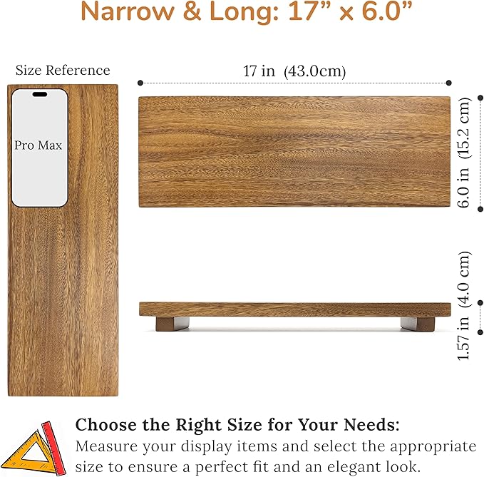 Narrow 17" Acacia Wood Riser Pedestal Stand – Farmhouse Wood Display Riser for Kitchen and Bathroom Decor - Counter Display, Plant Stand, Jewelry Holder, Vanity Tray, Candle Stand (Narrow:17"x6"x1.57")