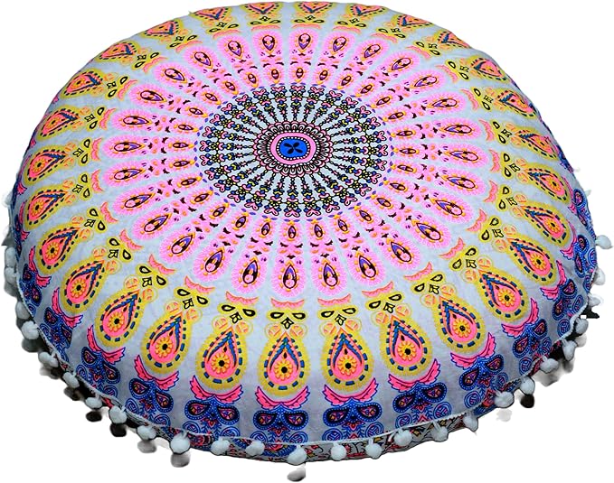 INDIAN CRAFT CASTLE Floor Pillow Cover, Large Cushions Cover Sitting for Adults, Floor Pillow Cover for Meditation or Yoga, Bench/Chair Cushion Cover 22 Inches Pink Yellow