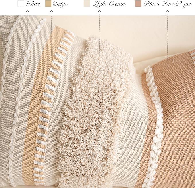 BlissBlush Decorative Throw Pillow Cover 20x20, Neutral Cream Boho Accent Pillowcase with Tufted Texture and Tassels, Beige Square Cushion for Sofa Couch Living Room (Cover Only)