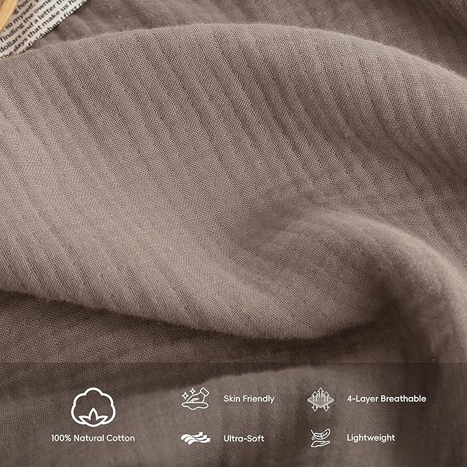 FOSSA Muslin Blanket with Fringe - 4-Layer 100% Cotton Gauze Super Soft & Breathable Throw -Lightweight Decorative Cooling Blanket for Bed, Sofa, Office (Pale Brown, Super King (108" × 98"))