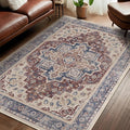 Maroon Blue 5x7 Area Rugs for Living Room, Transitional Distressed Washable Non Slip Bedroom Rug, Modern Vintage Medallion Low Pile Thin Carpet Rugs for Den/Dining Room/Kitchen/Home Office