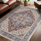 Maroon Blue 5x7 Area Rugs for Living Room, Transitional Distressed Washable Non Slip Bedroom Rug, Modern Vintage Medallion Low Pile Thin Carpet Rugs for Den/Dining Room/Kitchen/Home Office