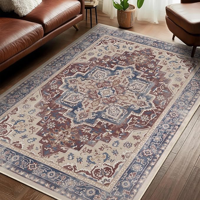 Maroon Blue 5x7 Area Rugs for Living Room, Transitional Distressed Washable Non Slip Bedroom Rug, Modern Vintage Medallion Low Pile Thin Carpet Rugs for Den/Dining Room/Kitchen/Home Office