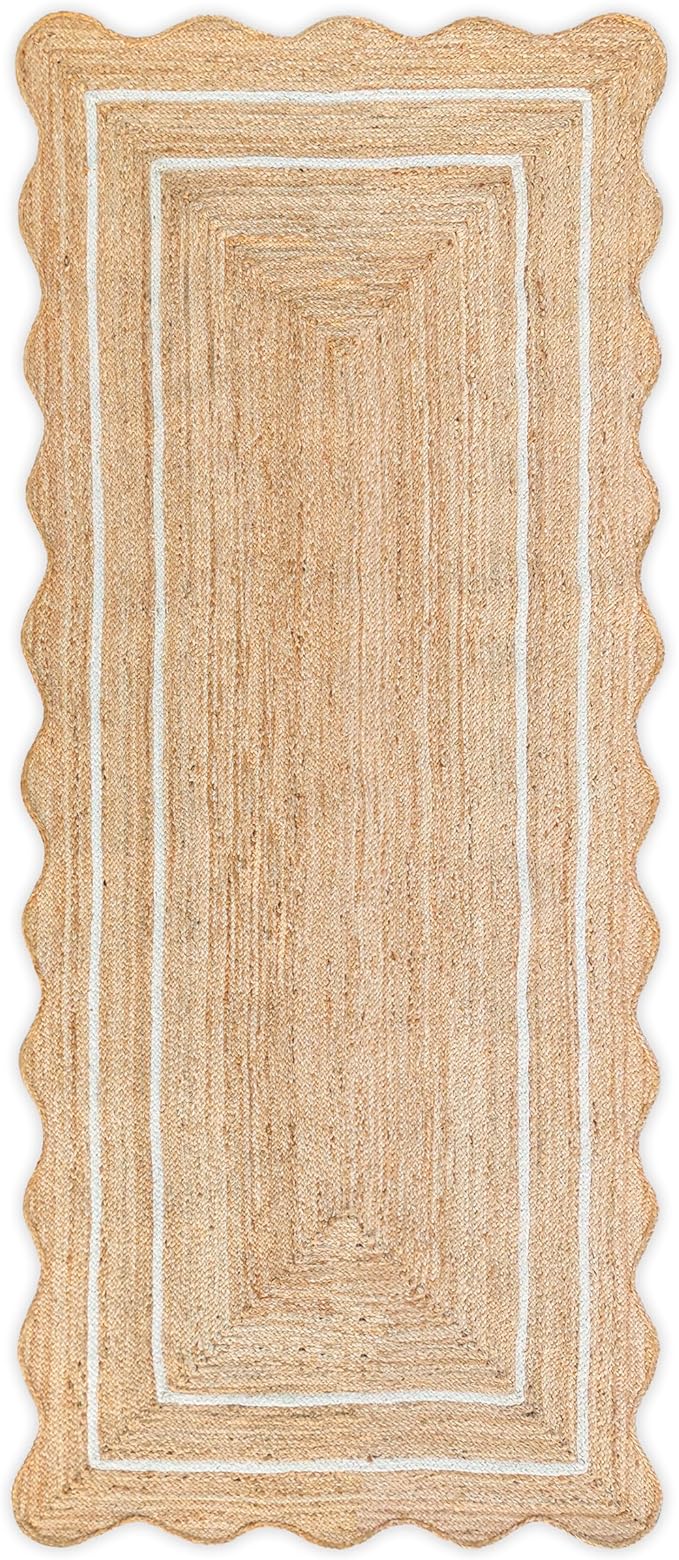 Wave Scalloped Natural Jute Runner, Off White (2'6"x12'): Boho Farmhouse Scallop Entryway Rug