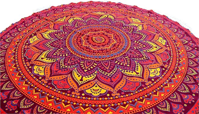 Round Beach Tapestry Turquoise Mandala Throw/Boho Hippie Beach Blanket Roundie/Indian Cotton Bohemian Large Round Table Cloth-Home Decor/Yoga Mat Meditation Picnic Rug (42", Orange)
