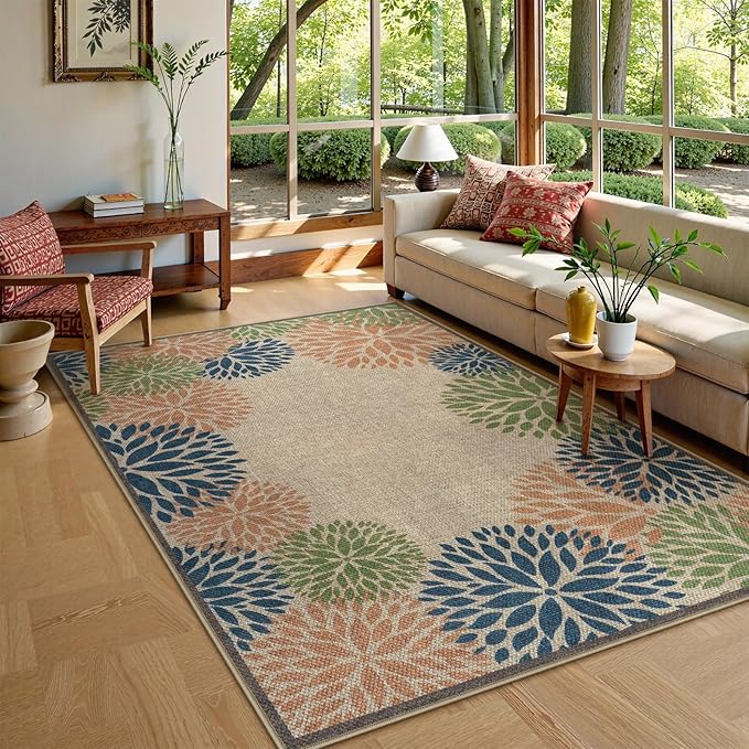 LIVEBOX Modern Easy Jute 5x7 Outdoor Rug, Washable Area Rugs for Living Room Patio Tropical Floral Indoor Outdoor Rug, Boho Farmhouse Non Slip Carpet for Backyard Foyer Dining Room(Olive, 5'x7')