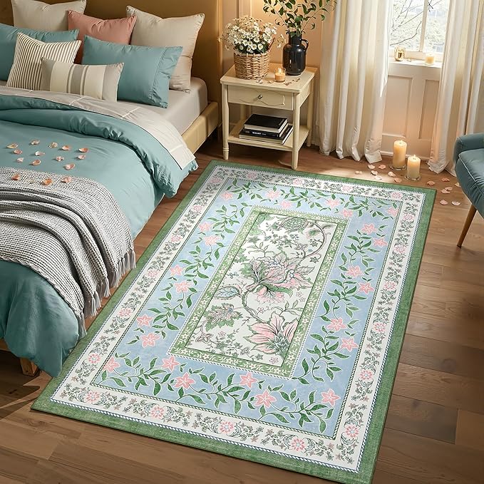GarveeHome Blue Green Pink Area Rugs 9x12 Living Room, Botanical Grove Cottage core Washable Non-Slip Rug for Bedroom Dining Nursery Low-Pile Vintage Large Soft Carpet
