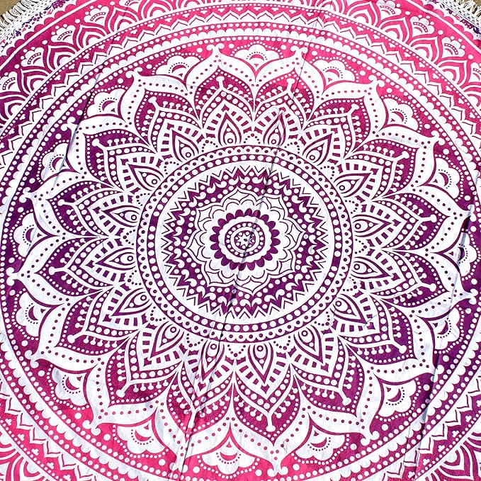 Round Beach Tapestry Turquoise Mandala Throw/Boho Hippie Beach Blanket Roundie/Indian Cotton Bohemian Large Round Table Cloth-Home Decor/Yoga Mat Meditation Picnic Rug (42", Pink and White)
