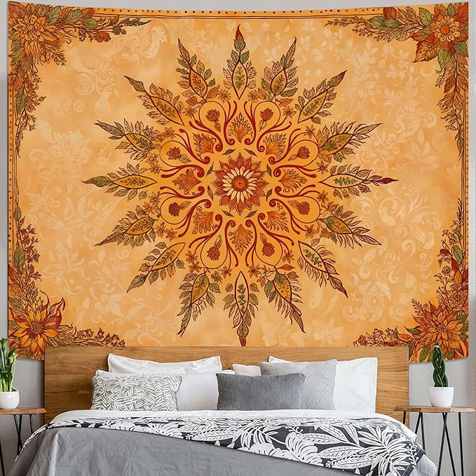 Accnicc Boho Mandala Floral Tapestry Vintage Bohemian Indian Tapestries for Bedroom Aesthetic Retro Orange Yellow Flower Extra Large Tapestry Wall Hanging for Dorm Living Room Decor 90 x 68 Inch