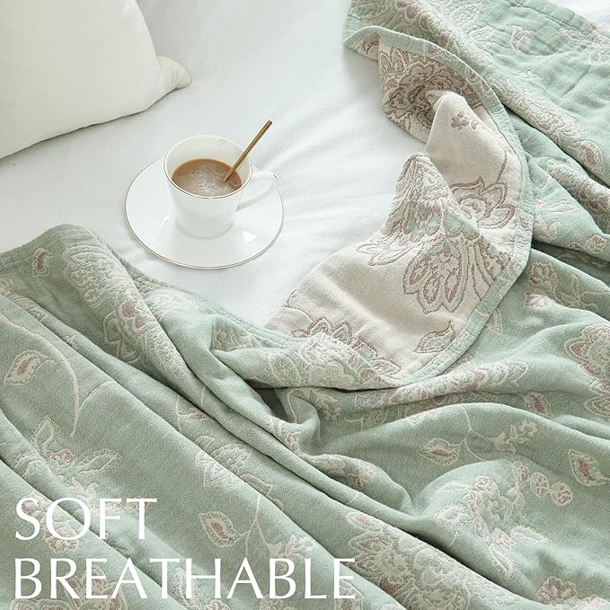 jinchan Boho 100% Cotton Muslin Twin Size 60x80 Inches Blanket Lightweight 4-Layer Quilted Soft Green and Beige Floral Throw Blanket Reversible Comfy Flower Breathable All Seasons Couch Bedroom Decor