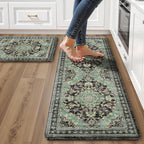 Boho Kitchen Mats for Floor 2 Piece Set Anti Fatigue Cushioned PVC Kitchen Rugs Non Slip Waterproof Farmhouse Mats 2/5 Inch Comfort Standing Mat for Sink, Laundry, 17.3"x47"+17.3"x28", Black Green