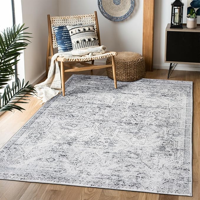Area Rug 4×6, Vintage Boho Rug,Ultra-Soft Low Pile, Washable, Non Slip,Stain Resistant Printed Carpet for Living Room Bedrooms Playroom Office Kitchen, Classic-Grey