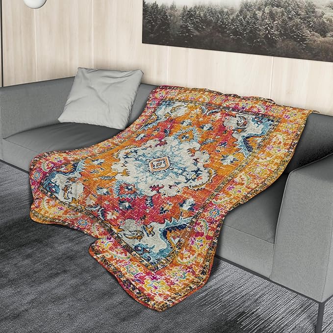Vintage Rug Blanket Soft Flannel Lightweight Red Orange Retro Carpet Aesthetic Throw Blanket Cozy Warm Blankets All Seasons Living Room Decor for Kids Adults Use On Couch Bed Office 50x60 inch