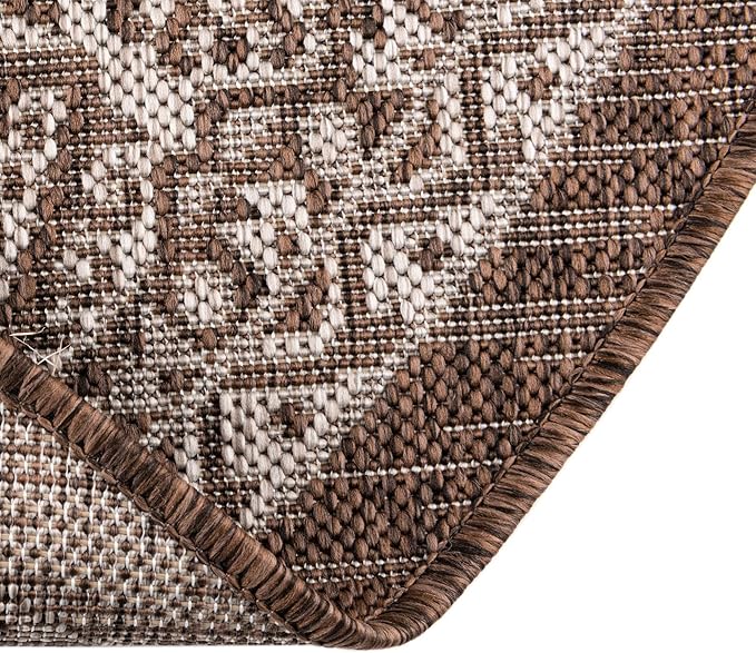 Rugs.com Outdoor Aztec Collection Rug – 13 Ft Round Brown Flatweave-Pile Rug Perfect for Kitchens, Dining Rooms