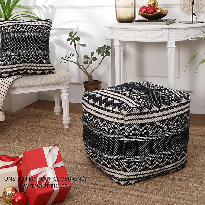 REDEARTH · UNSTUFFED Pouf Ottoman Cover Textured Storage Cube Bean Bag Poof Pouffe Footrest for Living Room, Bedroom, Patio, Gym; 100% Cotton (18"X18"X18", Ziggurat Obsession Black)