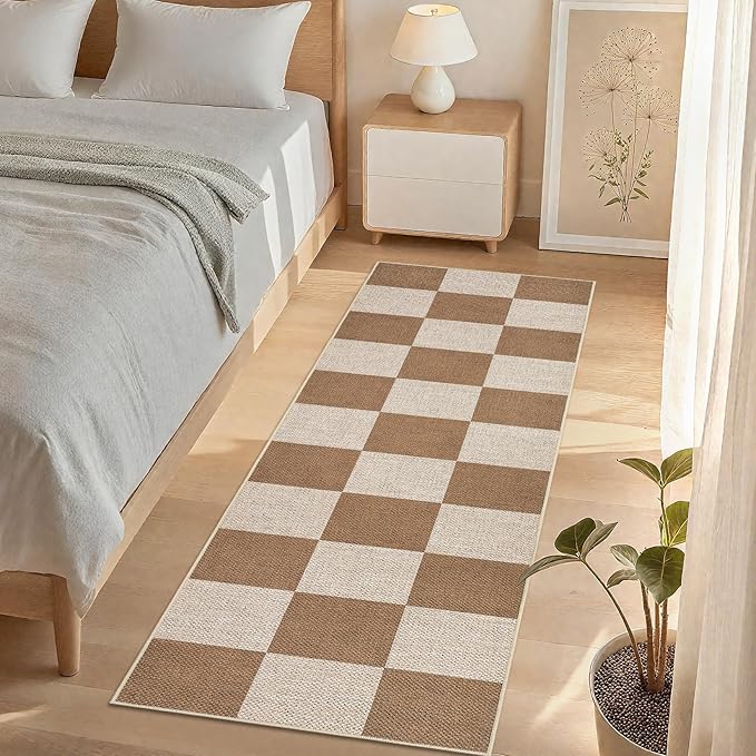 GarveeHome Checkered Easy Jute Runner Rug 2x6 Non-Slip Machine Washable Stain Resistant Indoor Outdoor Rugs for Living Room, Bedroom, Kitchen, Dining, Patio - Farmhouse Style Brown