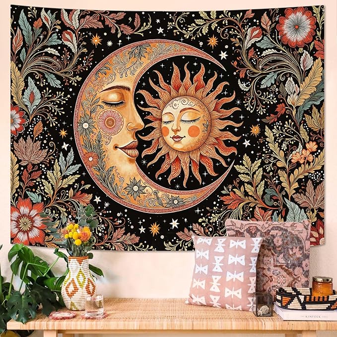 Accnicc Vintage Sun and Moon Tapestry Boho Hippie Floral Wall Tapestry for Bedroom Aesthetic Brown Celestial Spiritual Botanical Plant Small Tapestries Wall Hanging for Living Room Dorm 48 x 36 Inch
