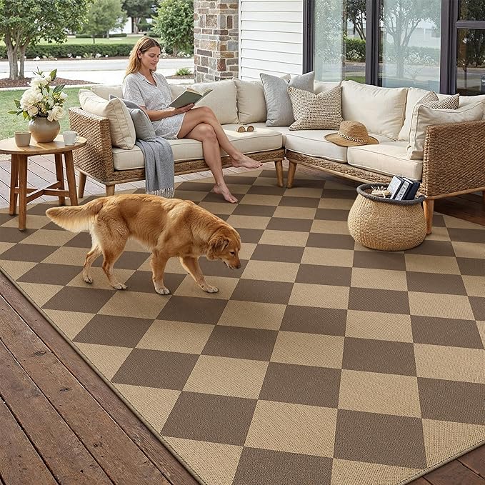 6x9 Checkered Easy Jute Area Rug for Living Room Large Checkerboard Washable Indoor Outdoor Carpet Farmhouse Patio Office Mat Geometric Non Slip Brown Carpet for Backyard Dining Room