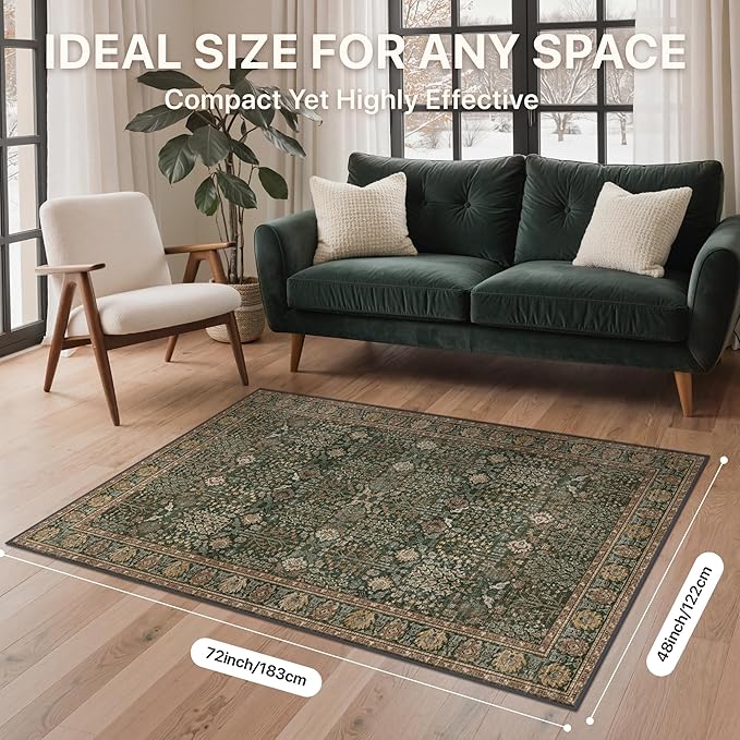 Bavni Washable Rugs 4x6-Machine Washable Rug Lightweight Low Pile, Vintage Floral Rug Non-Shedding Distressed Throw Carpet for Living Room Bedroom Office, Dark Green/Multi