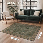 Bavni Washable Rugs 4x6-Machine Washable Rug Lightweight Low Pile, Vintage Floral Rug Non-Shedding Distressed Throw Carpet for Living Room Bedroom Office, Dark Green/Multi