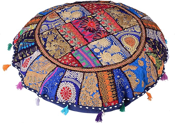 Rajasthani Handmade Colorful Decorative Floor Pillow Cover Meditation Patchwork Patchwork Cushion Seating Accent Boho Chic Indian Handmade Cover ONLY (Blue, 32X32 Inches)