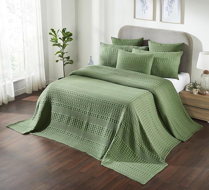 VHC Brands 100% Cotton Waffle Weave Olive Green Oversized King Size Blanket 120x120, Decorative Cotton Throw Blanket, Boho Farmhouse Bedroom Decor for Bed, Couch, or Sofa