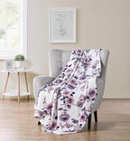 Decorative Floral Fleece Throw Blanket: Velvety Soft Plush Rose Flower Accent for Couch or Bed, Blush Pink Purple Navy Blue Grey on White, Oversized 50" x 70" Inches