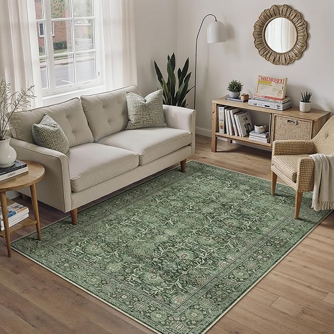 Green Area Rug 4x6 Washable Office Entryway Carpet Soft Vintage Indoor Kitchen Living Room Door Mat Traditional Retro Distressed Throw Small Rug Bedroom Dining Room Bathroom