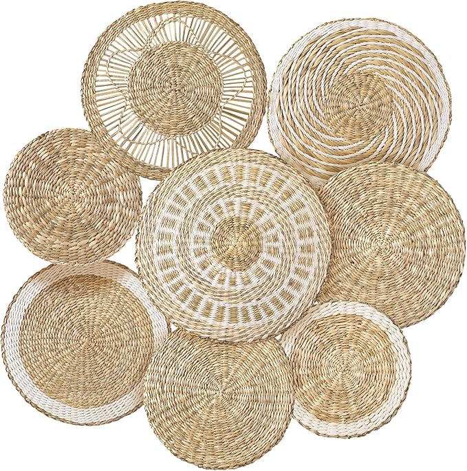 Xuhal 8 Pcs Boho Wall Basket Decor Decorative Bulrush Woven Basket Wall Decor Rustic Farmhouse Hanging Baskets for Kitchen Rustic Home Summer Decorations