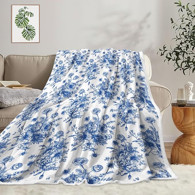 Blue Floral Throw Blanket, Botanical Floral Blanket, Soft, Flannel, Warm, Boho Floral Aesthetic Bed Blanket All Season Floral Throw Blanket for Couch Bedroom Living Room 60X70 Inch