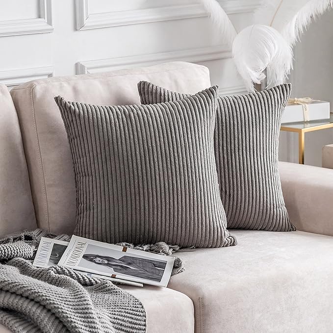 Home Brilliant Set of 2 Corduroy Throw Pillow Covers Striped Velvet 16x16 Pillow Covers Square Throw Pillow Case for Couch Chair Baby Toddler, 16 x 16 inch, Ash Grey
