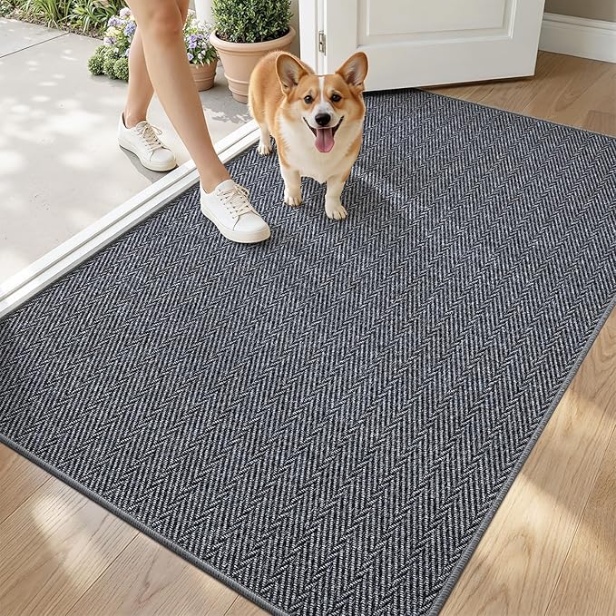 LUMI Ultra Thin Indoor Door Mat for Entrance 36"x56", Non Slip Entryway Mat, Low Profile Doormat, Unique Herringbone Design Carpet for Inside, Patio, Porch, Medium Gray