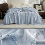 FOSSA Muslin Blanket with Fringe - 4-Layer 100% Cotton Gauze Super Soft & Breathable Throw -Lightweight Decorative Cooling Blanket for Bed, Sofa, Office (Cornflower Blue, Throw XL (50" × 70"))