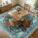 Area Rugs Square 7ft Washable Non-Slip, Floral Vintage Distress Print Pattern Medallion Carpet for Living Room Bedroom Dining Room, Teal Green Lake Blue Turquoise