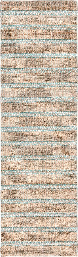 SAFAVIEH Natural Fiber Collection Runner Rug - 2'3" x 8', Teal & Natural, Handmade Flat Weave Stripe Jute & Cotton Jute, Ideal for High Traffic Areas in Living Room, Bedroom (NFB655K)