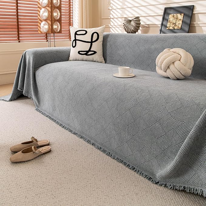 ROOMLIFE Light Gray Waterproof Sofa Cover, Couch Cover for 3 Cushion Sofa, Non Slip Chenille Sofa Slipcovers for Dog, Washable Furniture Sofa Protector Cover with Tassel for Living Room, 71''X150”