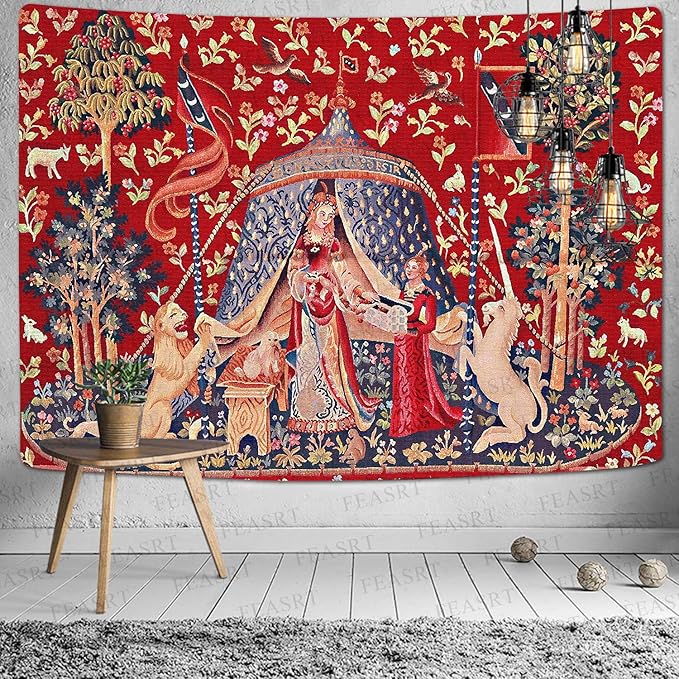 FEASRT GTQQAY1210 Medieval Princess Tapestry - Maiden & Unicorn Design, 80x60 inches, Perfect for Bedroom & Living Room Decor