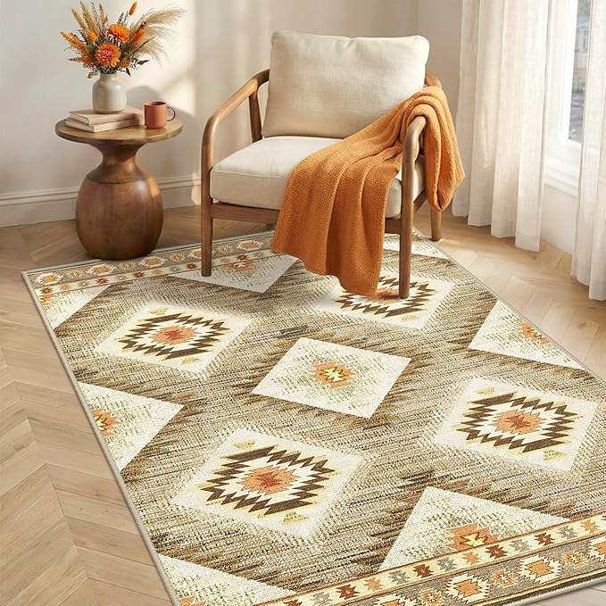 Area Rug 4x6 Rug Machine Washable Non-Slip Low Pile Print Pattern Western Rug for Living Room Bedroom Entryway Tribal Series -Cream/Camel
