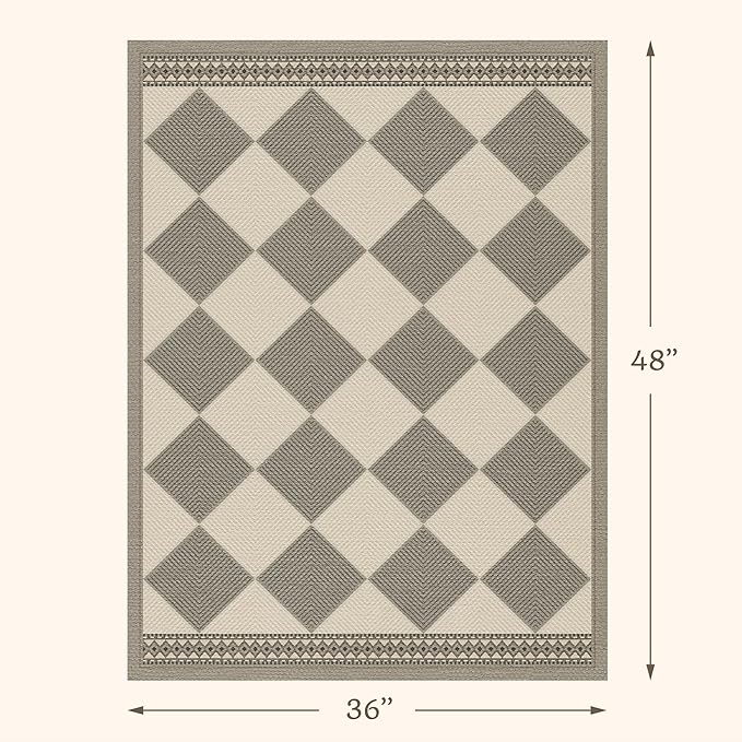 Beige Gray Diamond Easy Jute 3x4 Indoor Outdoor Rug, Checkered Farmhouse Geometric Decor Porch Entryway Carpet, Washable Non Slip Patio Rug for Laundry Room, Kitchen, Backyard or Mudroom