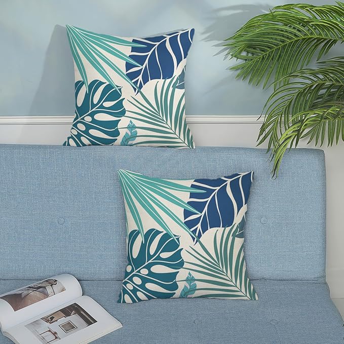 Tropical Pillow Covers 24x24 Set of 2 Navy Blue Aqua Teal Monstera Palm Leaf Pillowcase Tropical Summer Outdoor Decorations Throw Pillows Linen Decor Botanical Plant Cushion Case for Home Bed