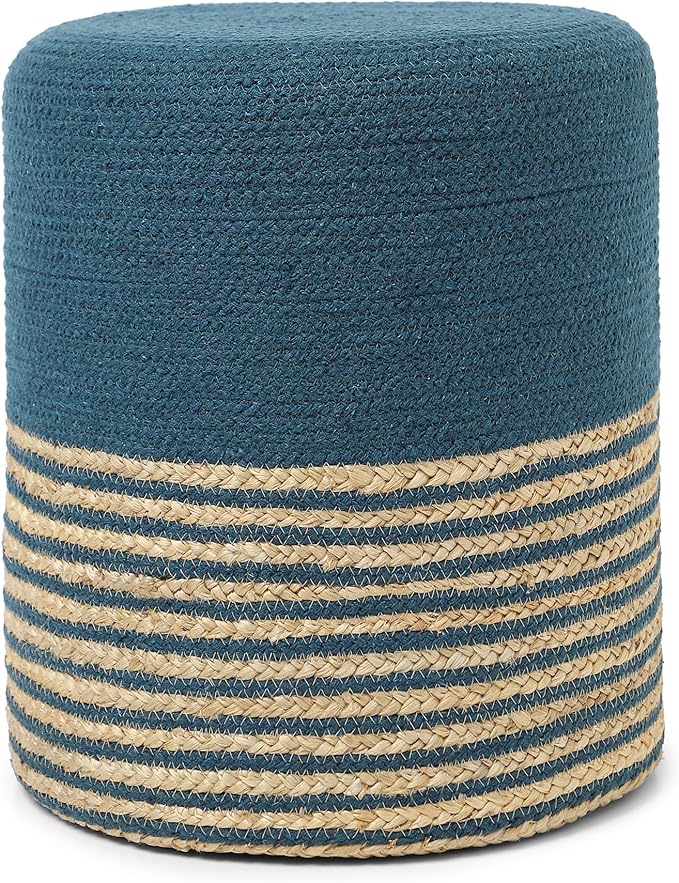 REDEARTH · Cylindrical Pouf Foot Stool Ottoman - Jute Braided Pouffe Poof Accent Sitting Footrest for Living Room, Bedroom, Nursery, Patio, Lounge Set of 2 (Teal Natural, 14.5"X14.5"X16")