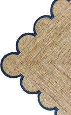 Scalloped Natural Jute Area Rug, Navy Trim, 2'x12'