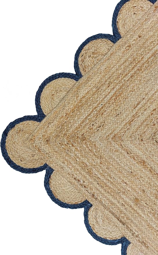 Scalloped Natural Jute Area Rug, Navy Trim, 2'6"x18'