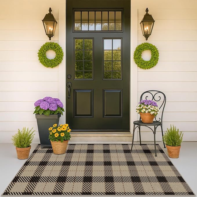 Washable Plaid Indoor Outdoor Rug 3x5 for Front Porch, Entryway, Patio, No Shed Easy Jute Non Slip TPR Backing Area Rug for Large Kitchen, Farmhouse Black & Tan Checkered Seegrass Aesthetic