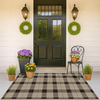 Washable Plaid Indoor Outdoor Rug 3x5 for Front Porch, Entryway, Patio, No Shed Easy Jute Non Slip TPR Backing Area Rug for Large Kitchen, Farmhouse Black & Tan Checkered Seegrass Aesthetic