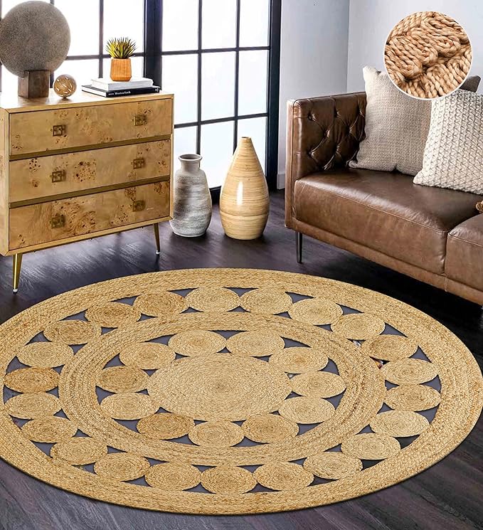 Hand Woven Jute Area Rug - 6' Round - Rustic Beige Reversible Farmhouse Rugs for Bedroom, Kitchen, Living Room - Vintage Natural Braided Entry Floor Décor Circle Boho Round Jute Rug 6 Foot