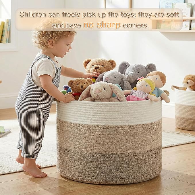 70L Large Cotton Rope Basket, Decorative Woven Blanket Storage for Living Room, Boho Toy Storage & Toy Box for Kids, Versatile Laundry Basket & Nursery Hamper for Blankets(BrownYellow)